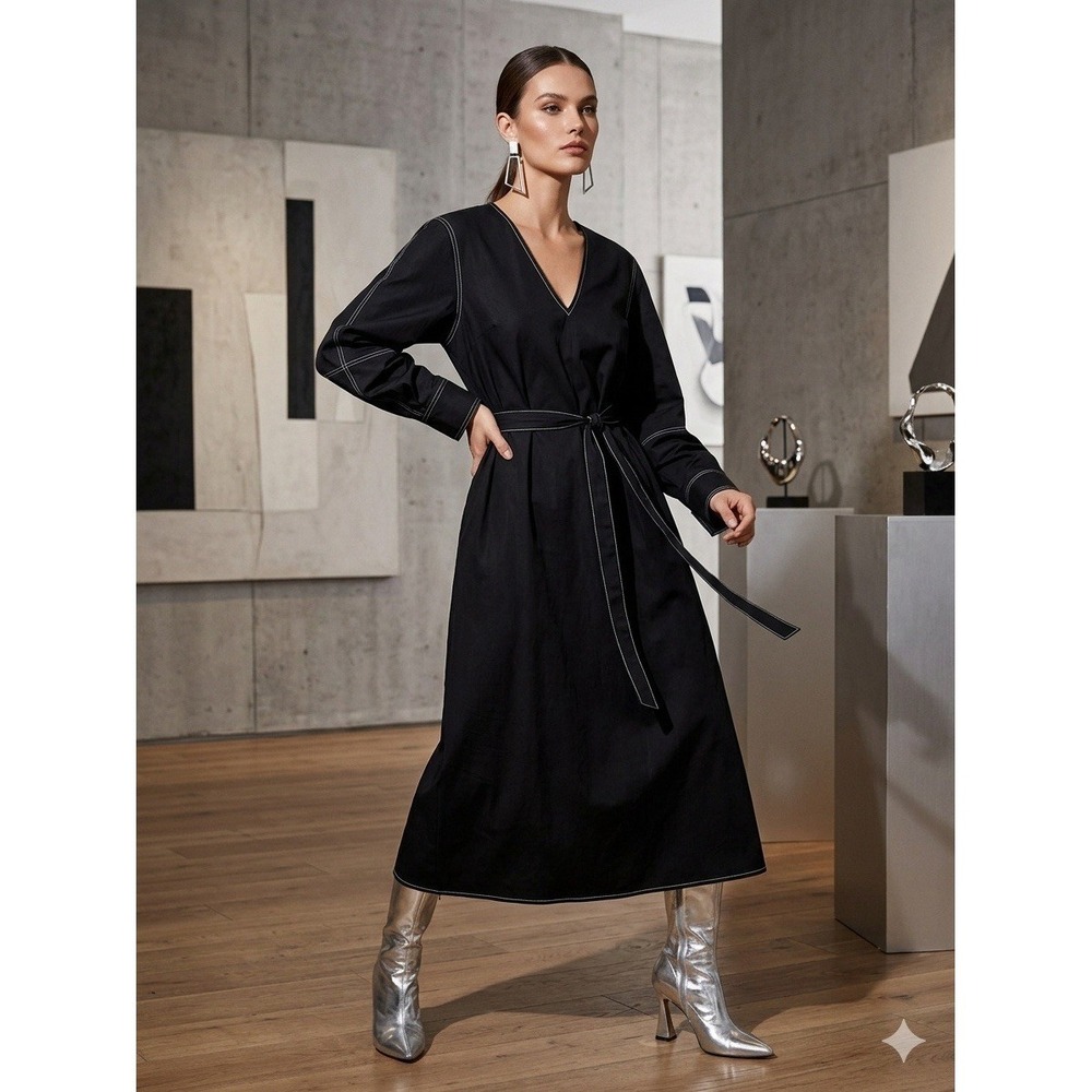 NEW Maria McManus Engineered Sleeve Dress Black Contrast Stitch Organic Cotton L